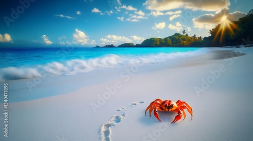 Fototapeta Naklejka Na Ścianę i Meble -  Red crab walking on tropical beach at sunset