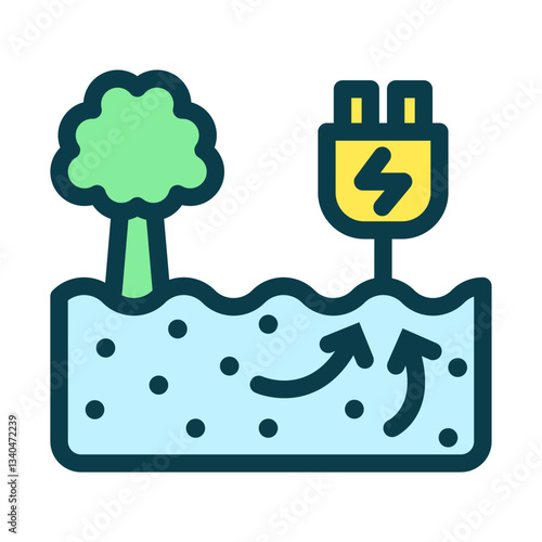 Icon Line Colored geothermal and soil energy plug charging. Renewable energy, ecology and energy alternative. Outline fill icon concept