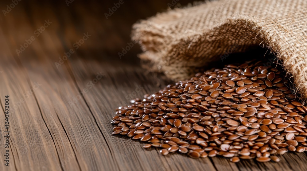 Obraz premium Flaxseeds spilling from a burlap sack on wooden surface.