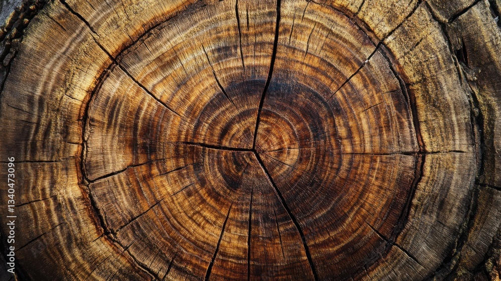 Fototapeta premium Tree trunk cross-section, detailed wood rings, natural growth patterns, rough bark edges, warm earthy tones, high-resolution macro, organic texture, forestry, nature detail, eco-friendly material.