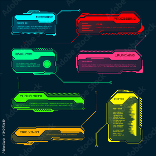 Futuristic HUD or UI elements. Sci-fi user interface text boxes, callouts. Colorful warning message frame, information boxes template. Modern game interface layout, digital style. Vector illustration