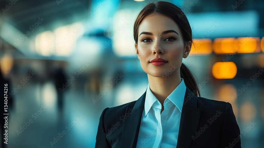Obraz premium Close-Up of a Confident Female Flight Attendant Walking Through the Airport: Poise, Professionalism, and World-Class Hospitality