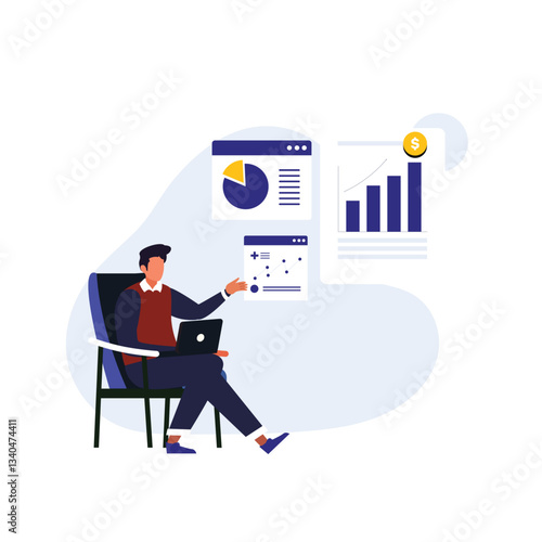 Seo analysis modern flat concept for web banner design. Man  analyzes data and search results, improves rankings and optimizes site. Vector illustration with isolated people scene