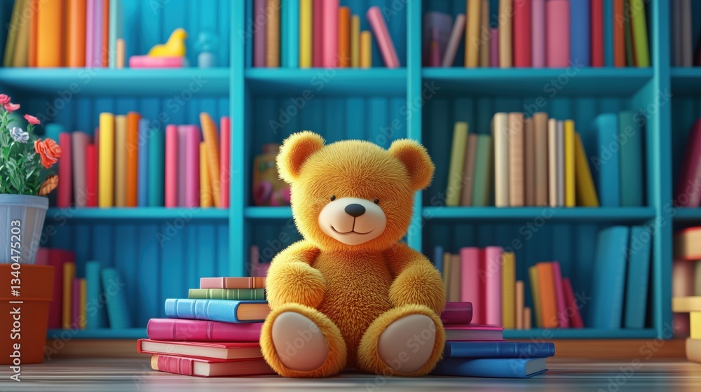 Cute teddy bear sitting on colorful books in vibrant library setting Cute teddy bear sitting on colorful books in vibrant library setting