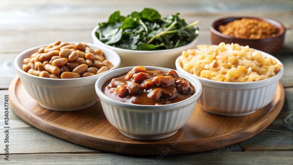 Minimalist Southern BBQ Side Dishes: Beans, Coleslaw, Mac & Cheese, Collard Greens Minimalist Southern BBQ Side Dishes: Beans, Coleslaw, Mac & Cheese, Collard Greens