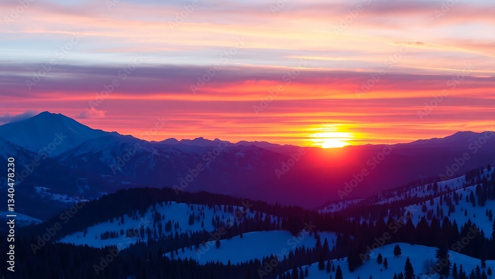 Obraz premium Vivid Sunset Over Snow-Dusted Mountains: A Scenic Landscape