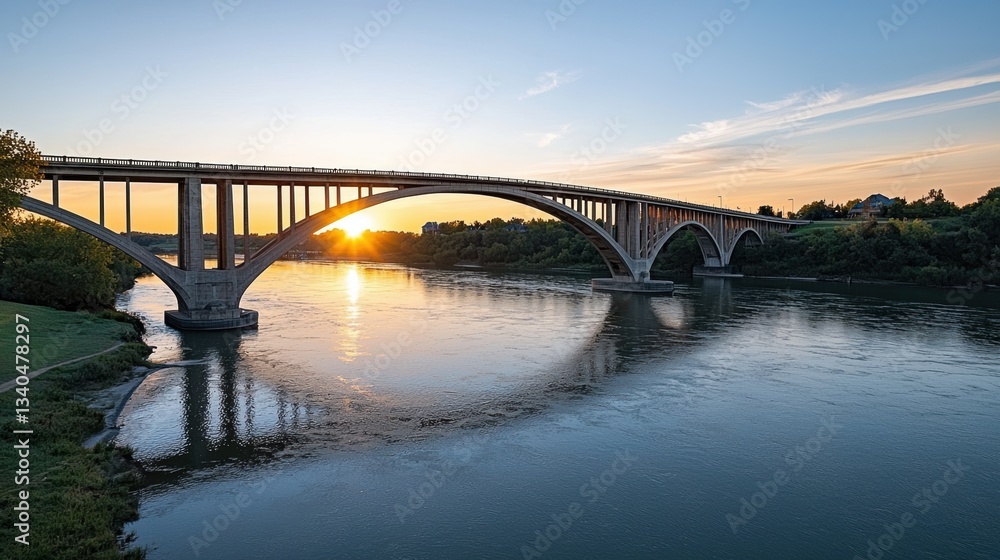 Fototapeta premium Scenic Sunset Over a Majestic Bridge with Reflections in Calm Water Under a Clear Sky Creating a Peaceful Atmosphere for Nature Lovers and Travelers