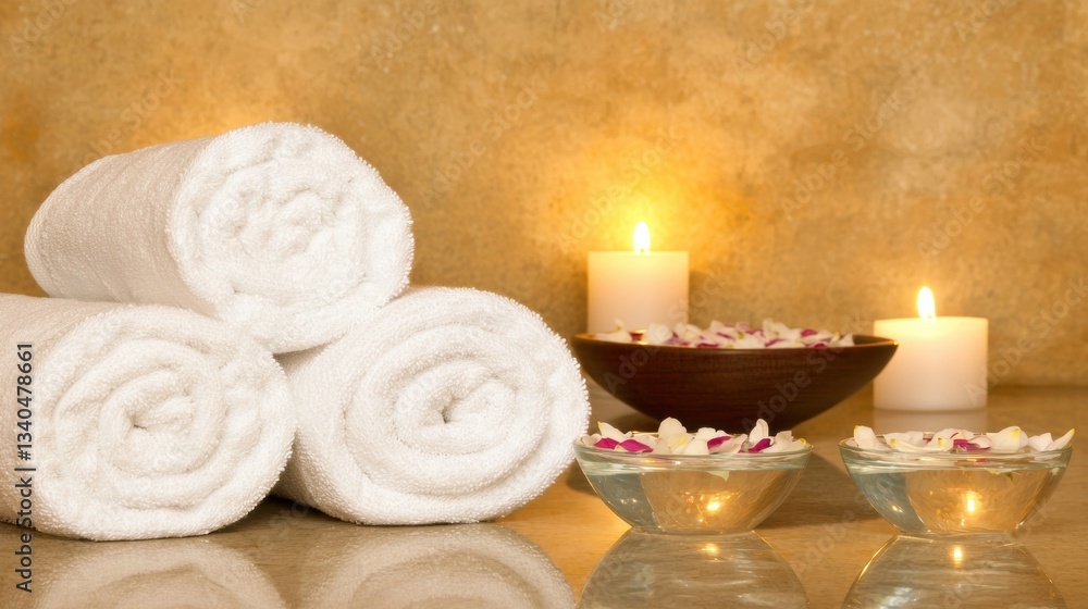 Spa setup with towels, candles, and decorative bowls. Spa setup with towels, candles, and decorative bowls.