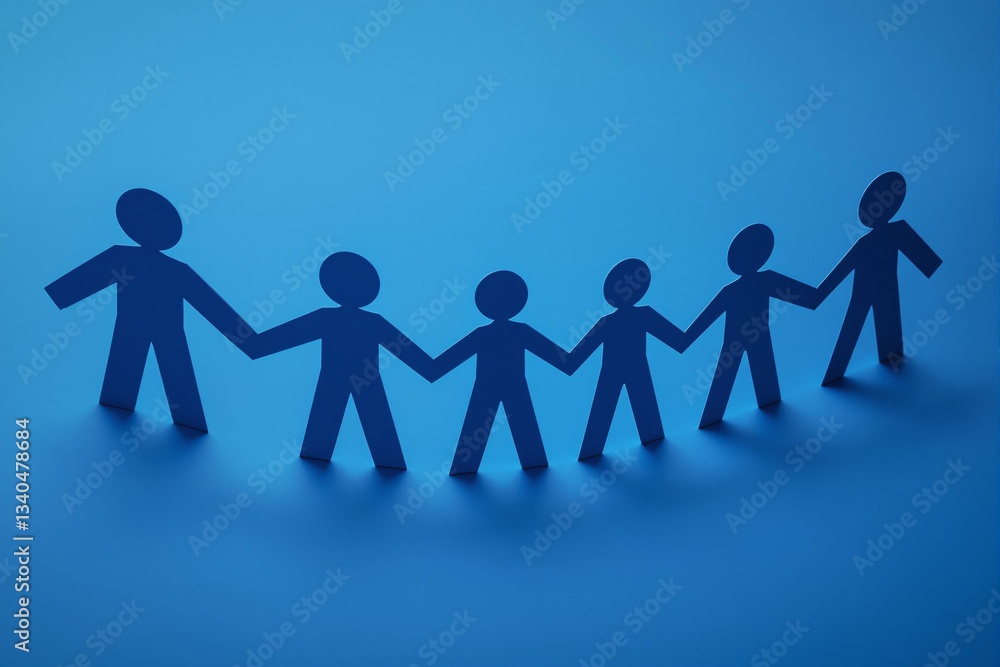 Paper cutout figures holding hands on blue background. Paper cutout figures holding hands on blue background.