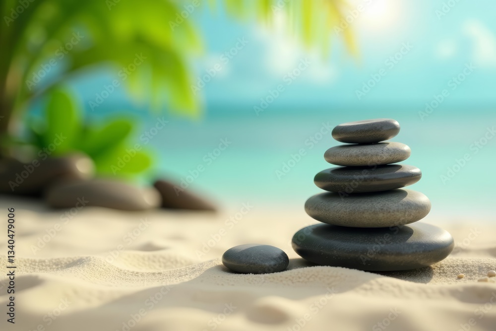 Obraz premium Tranquil scene of spa stones on soft sandy background, harmony, zen