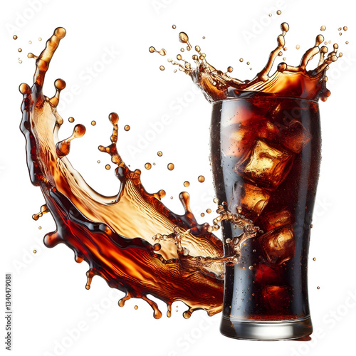 Cola splashing out of a glass. Isolated white background