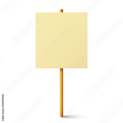 Blank colorful protest sign with wooden holder. Demonstration banner. Strike action cardboard placard mockup. Social advertisement. Vector illustration