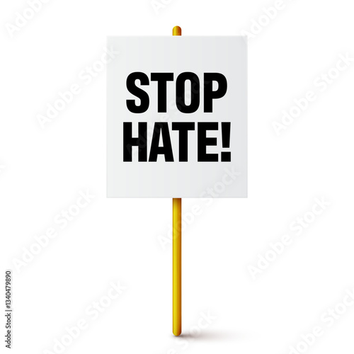 Protest sign with text slogan and wooden holder. Demonstration banner. Strike action cardboard placard mockup. Social advertisement. Vector illustration