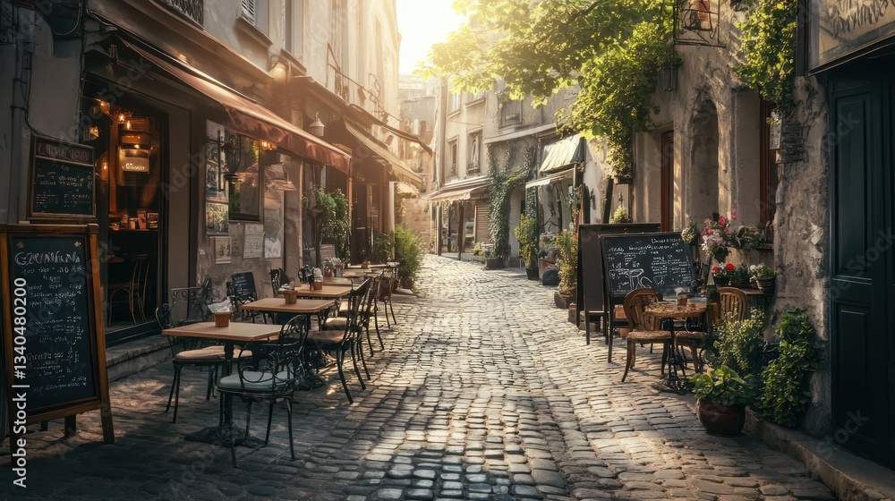 Fototapeta premium Charming European Streetscape: Outdoor Cafe Seating Along Cobblestone Pathway