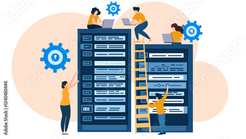IT infrastructure management services given by group of people. Team working on server maintenance 
