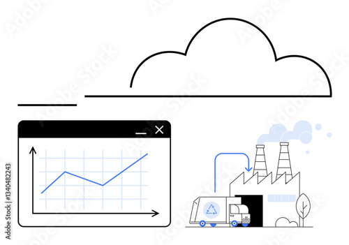 Graph with upward trend, cloud element, recycling factory, and delivery truck. Ideal for sustainability, recycling, data analysis, progress tracking, eco-friendly tech circular economy flat simple