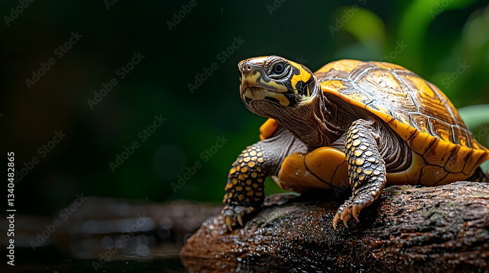 Obraz premium Yellow Spotted River Turtle Resting on Log Near Slow Moving Stream Its Eyes Gazing at the Calm Water in a Peaceful Scenic Nature Setting