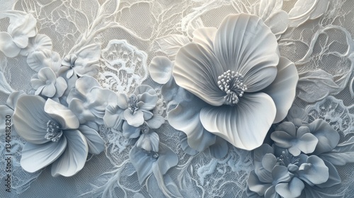 Elegant, 3D floral wall mural. Delicate, light gray flowers on a textured background