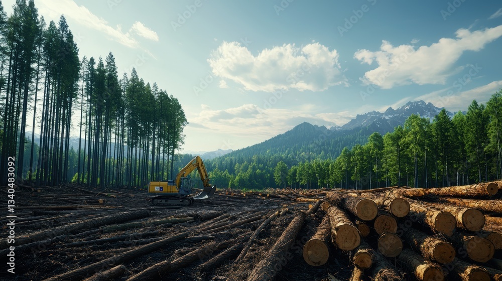 Obraz premium Excavator Operates in a Scenic Logging Area Surrounded by Majestic Mountains and Lush Green Forest Under Bright Blue Sky