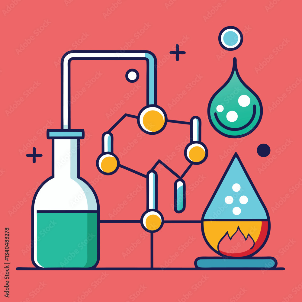 Chemical Experiment with Fire and Molecular Structure Vector, A vibrant vector illustration featuring a chemical experiment with glassware, molecular structures, and a flame, set against a red backgro Chemical Experiment with Fire and Molecular Structure Vector, A vibrant vector illustration featuring a chemical experiment with glassware, molecular structures, and a flame, set against a red backgro