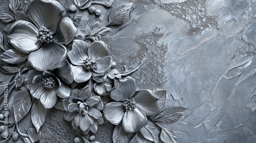 Ornate, sculpted flowers in gray, textured background