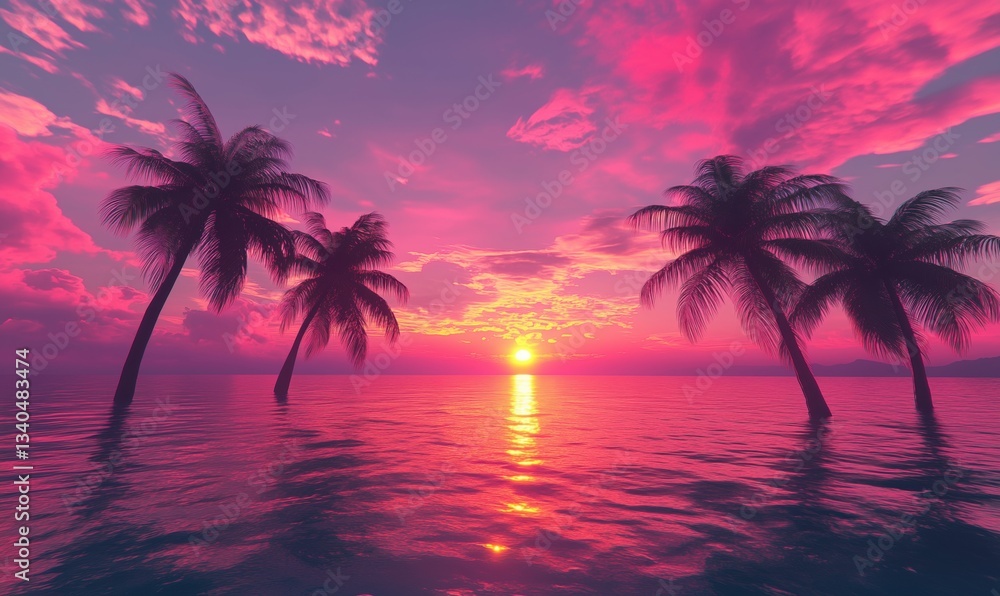 Stunning sunset over tranquil ocean with silhouetted palm trees Stunning sunset over tranquil ocean with silhouetted palm trees