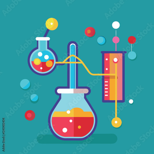 Laboratory Glassware and Chemical Reaction Vector Illustration, A vibrant vector illustration featuring laboratory glassware with colorful chemicals and molecular structures on a teal background.
