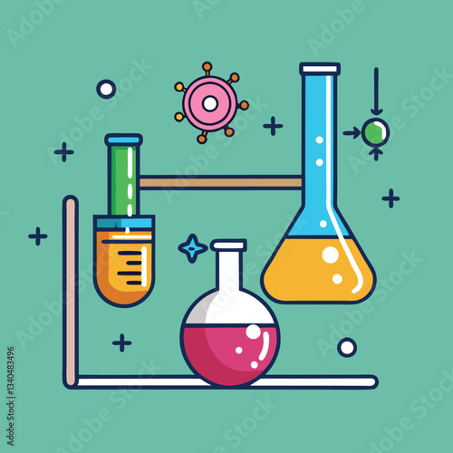 Science Laboratory Equipment and Molecules Vector Illustration, A vibrant vector illustration featuring laboratory glassware, including flasks and test tubes, along with molecular symbols on a green b