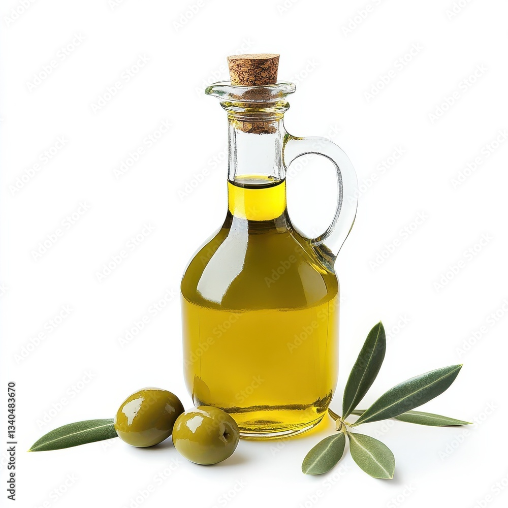 Olive oil in a glass bottle with olives isolated on a white background Olive oil in a glass bottle with olives isolated on a white background
