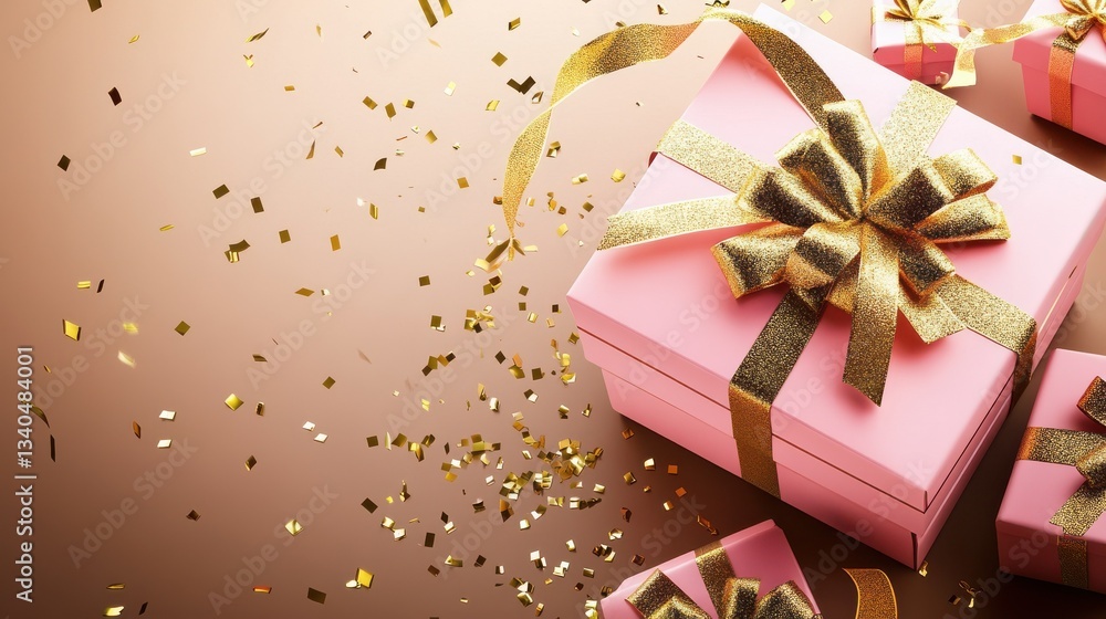 Pink and gold gift boxes with bows and ribbons are scattered on a brown background. The large box is open with gold confetti coming out. illustration Pink and gold gift boxes with bows and ribbons are scattered on a brown background. The large box is open with gold confetti coming out. illustration
