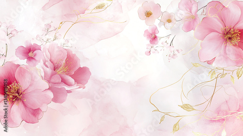 Vibrant Pink Rose And Cherry Blossoms on Soft Background Image, A Delicate Floral Image Perfect for Wedding Invitations, Greeting Cards, Soft pink peonies bloom against a gentle watercolor background.