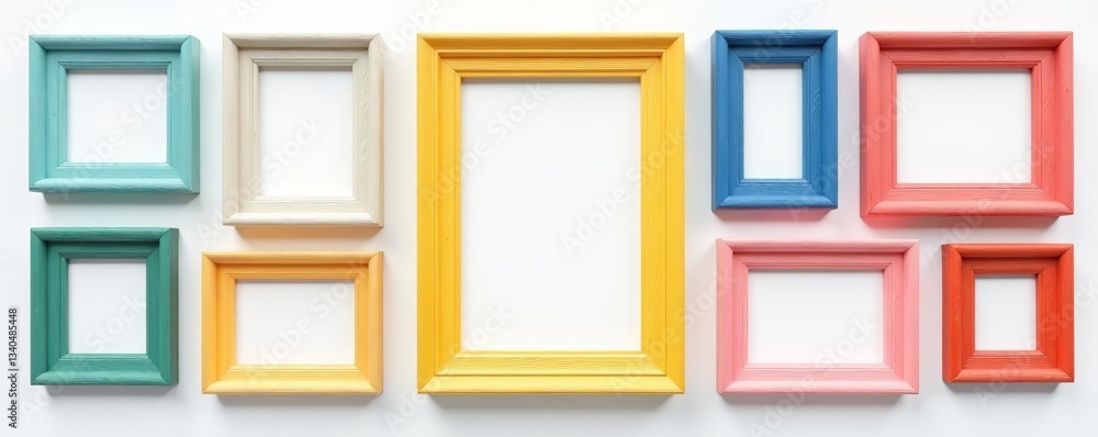 Vibrant collection of multicolored wooden picture frames on white background, frames, multicolored Vibrant collection of multicolored wooden picture frames on white background, frames, multicolored