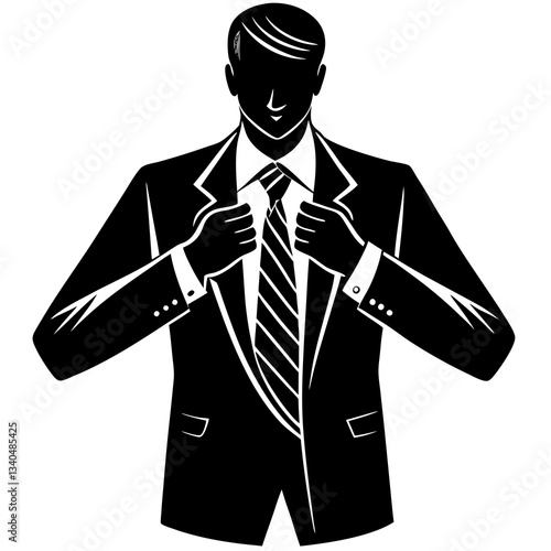 Silhouette of a person standing confidently while adjusting their tie, symbolizing self-assurance and professionalism