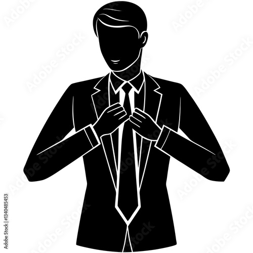 Silhouette of a person standing confidently while adjusting their tie, symbolizing self-assurance and professionalism