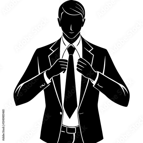 Silhouette of a person standing confidently while adjusting their tie, symbolizing self-assurance and professionalism