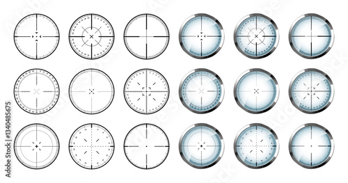 Chrome weapon sights, sniper rifle optical scopes. Hunting gun viewfinder with crosshair. Aim, shooting mark symbol. Military target sign, silhouette. Game interface UI element. Vector illustration