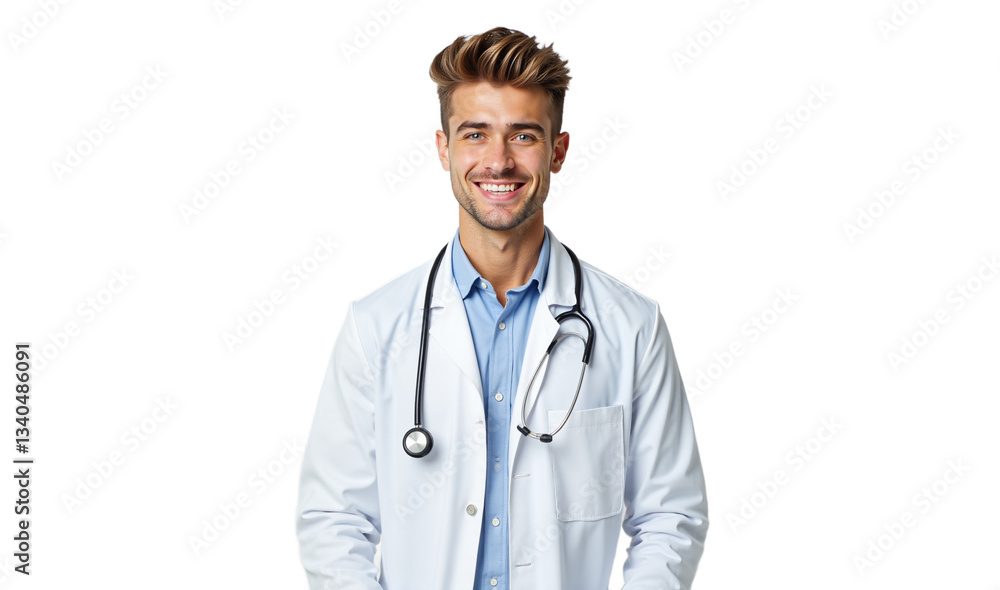 Fototapeta premium Smiling doctor portrait. Medical professional in lab coat with stethoscope. Healthcare, hospital, clinic. Isolated on transparent background.