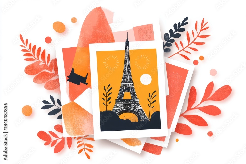 A flat 2D illustration of a collection of postcards, each featuring colorful, minimalist depictions of famous landmarks, set against a white background A flat 2D illustration of a collection of postcards, each featuring colorful, minimalist depictions of famous landmarks, set against a white background