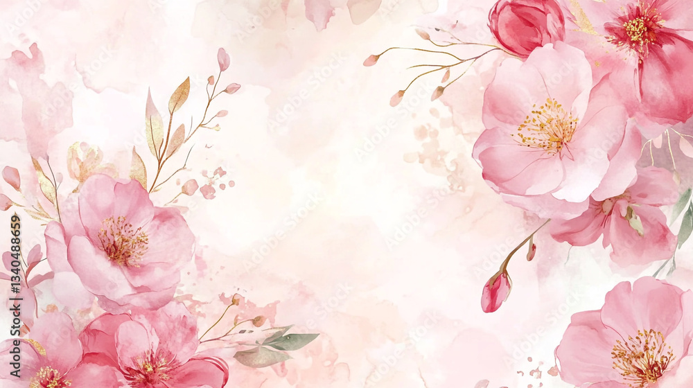 Fototapeta premium Vibrant Pink Rose And Cherry Blossoms on Soft Background Image, A Delicate Floral Image Perfect for Wedding Invitations, Greeting Cards, Soft pink peonies bloom against a gentle watercolor background.