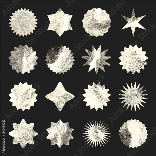Silver stars, sunburst symbols. Shiny gold foil. Vintage sunbeam symbols. Shopping labels, sale or discount sticker, quality mark. Special offer price tag, promotional badge. Vector illustration