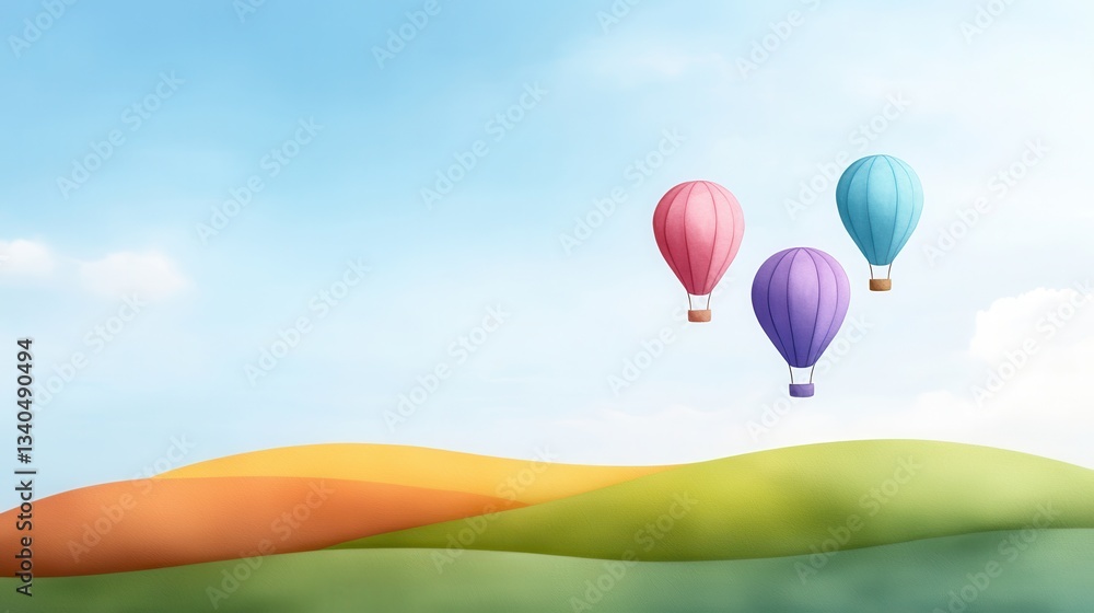 Fototapeta premium Three colorful hot air balloons float gracefully over rolling hills under clear blue sky, creating serene and picturesque scene. landscape features vibrant green and orange hues
