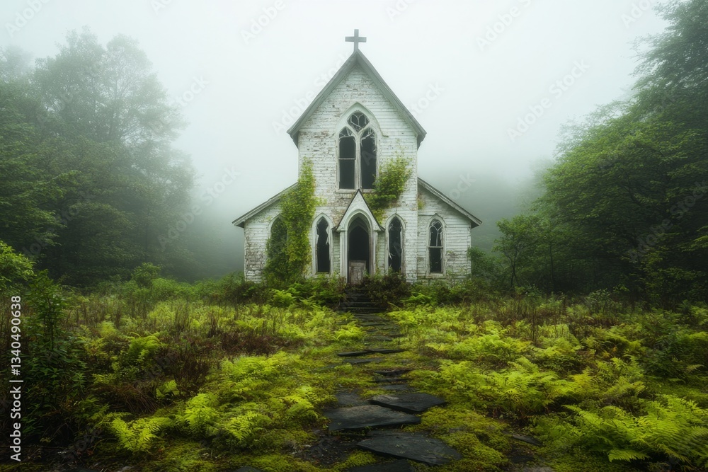 A haunting depiction of an abandoned church in the middle of a foggy swamp, with broken windows and eerie shadows moving inside A haunting depiction of an abandoned church in the middle of a foggy swamp, with broken windows and eerie shadows moving inside