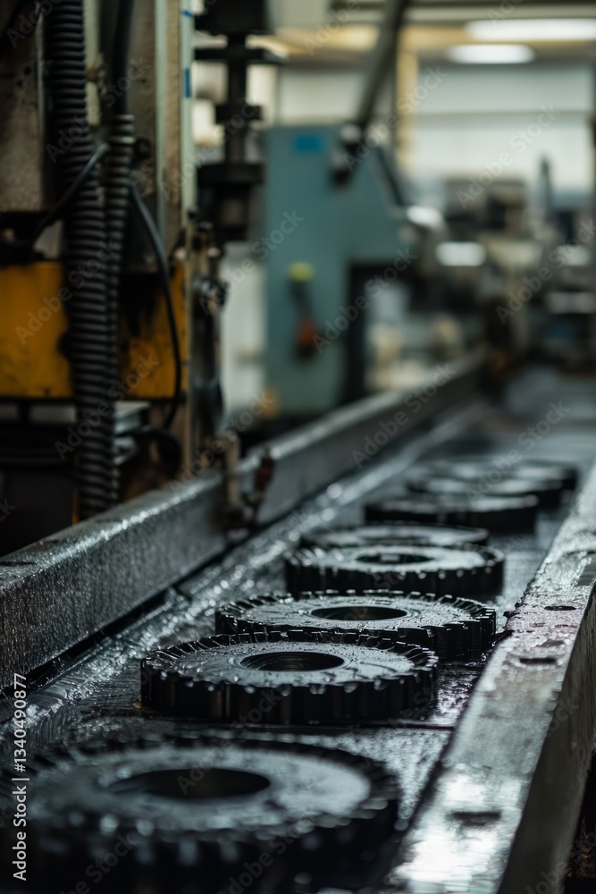 Fototapeta premium Freshly molded parts cool on conveyor belts. Machines work steadily in the background