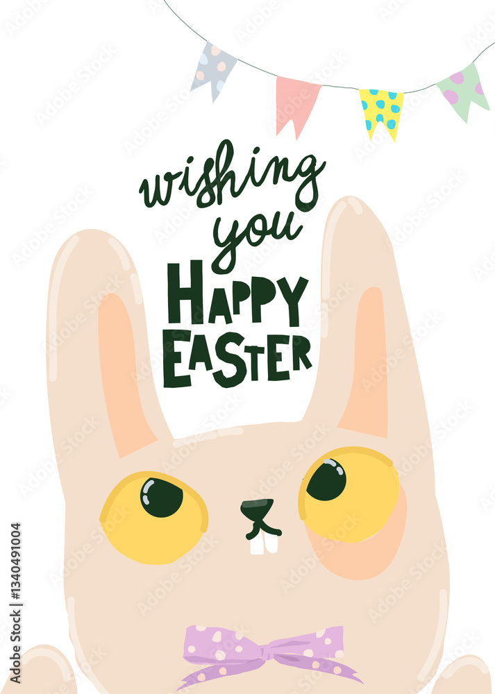 Happy Easter Greeting Card with Cute White Bunny. Vector Illustration
