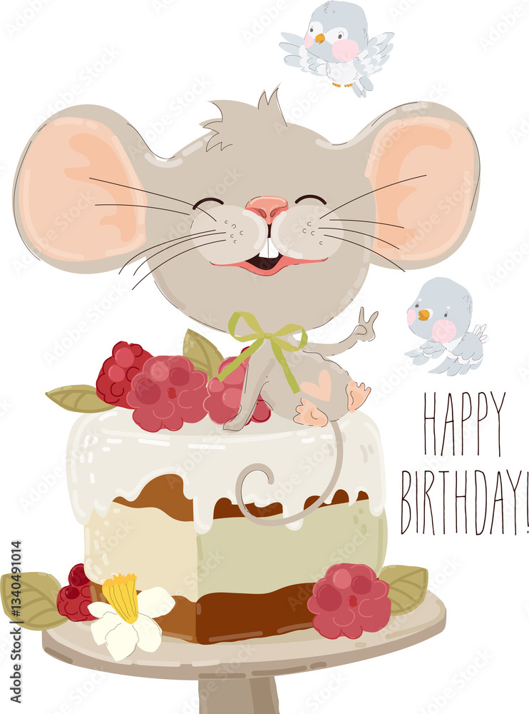 Cute Little Mouse with Birthday Cake. Vector Illustration for Birthday day