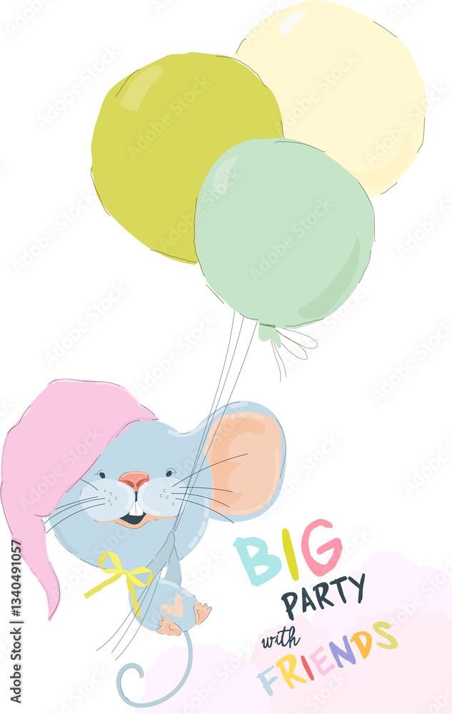 Cute Little Mouse flying with Color Balloons. Vector Illustration for Birthday day