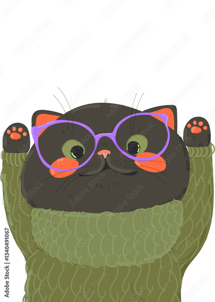 Smiling lucky cat waving its paws up. Vector Illustration