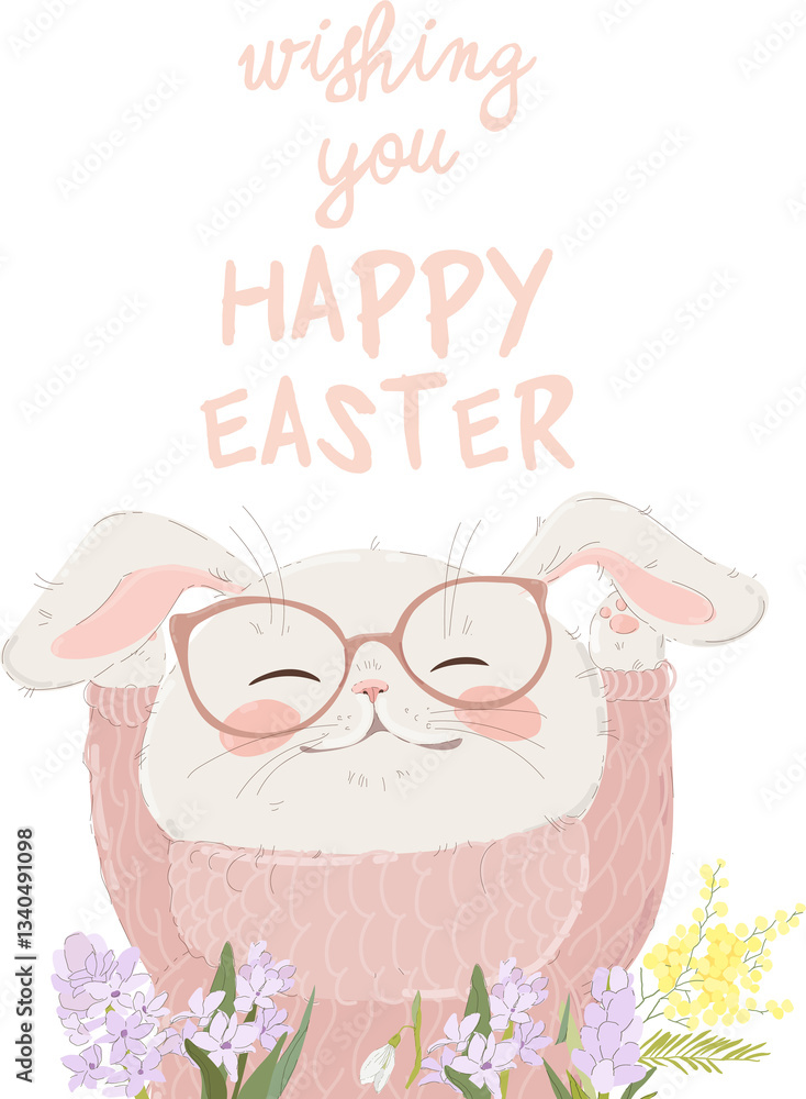 Happy Easter Greeting Card with Cute White Bunny. Vector Illustration