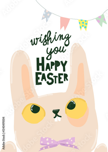 Obraz na płótnie Happy Easter Greeting Card with Cute White Bunny. Vector Illustration w salonie