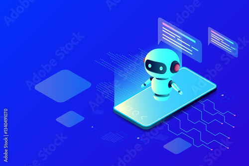 Isometric view of a smartphone and chatbot on blue technological background. Ideal for technology designs. Abstract digital device interface technology. 3D mobile phone and robot, isometric view.